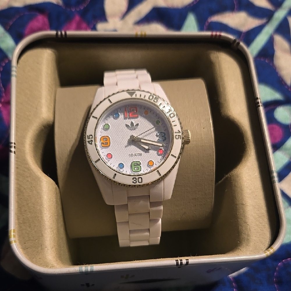 White Adidas Watch with Colorful Dial